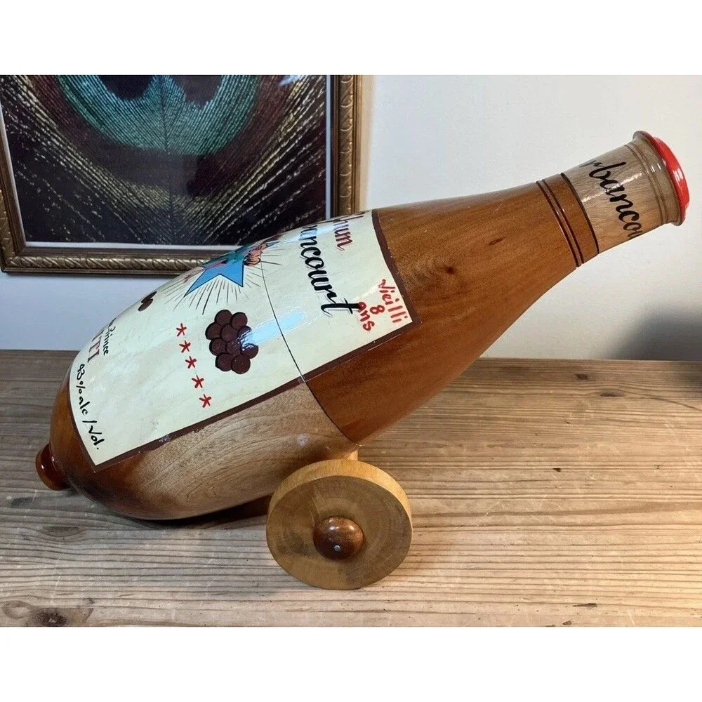 VTG Haitian Folk Art Wooden Bottle Keeper Holder Painted Barbancourt Rhum Cannon